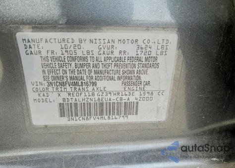 2021 Nissan Versa Sr z USA, uszkodzony, nr VIN 3N1CN8FV4ML816799